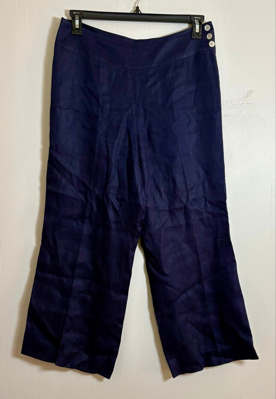 Lauren Ralph Lauren 10 Navy 100% Linen Side Button Cropped Lined Dress Pants EUC